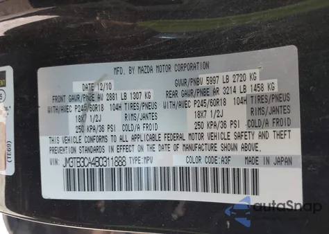 2011 Mazda Cx-9 Touring from USA, damaged, VIN JM3TB3CA4B0311888